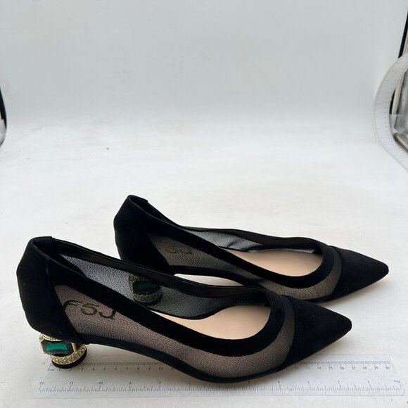 FSJ Women Bridal Pointed Toe Chunky Block Low Heel Crystal Pumps ,Black Mesh - Picture 2 of 8